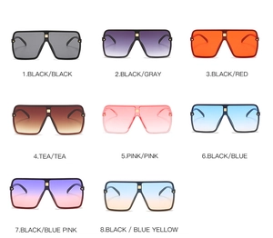 Detailed grid showing square oversized sunglasses in eight different lens color variants