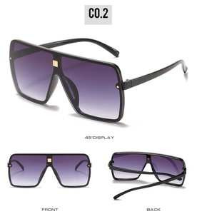 Three-view detail of oversized black sunglasses with purple gradient lens and gold stud