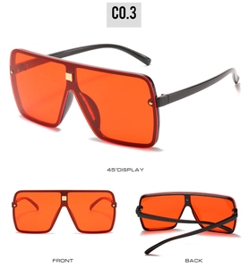 Detailed views of oversized square sunglasses with orange lenses and black frame