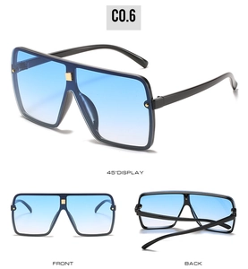 Three-view detail of oversized square sunglasses with blue gradient lenses and gold studs