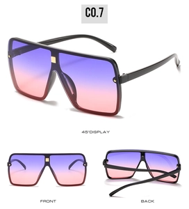 Three-view layout of square oversized sunglasses featuring purple-pink gradient lenses