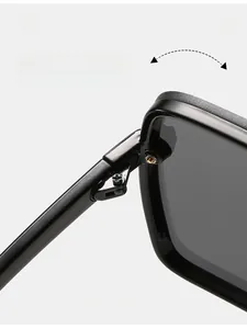 Detail of durable high-quality hinge structure on black square oversized sunglasses
