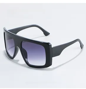 Detailed side view of large square frame sunglasses with purple gradient lenses