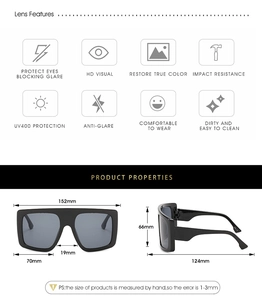 Detailed size chart of oversized square sunglasses showing frame dimensions and HD lens features