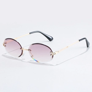 Vintage rimless oval sunglasses with purple gradient lenses and gold metal frames