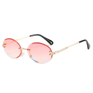 Retro rimless oval sunglasses with pink gradient lenses and golden metal frames