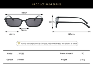 Spécifications détaillées des dimensions pour lunettes de soleil rétro étroites 97033
