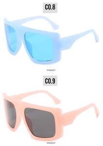 Front view of trendy oversized sunglasses in light blue and pink translucent frames