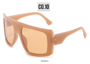 Front detail of large square frame sunglasses in beige with translucent lenses