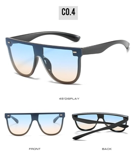 Mehrere Ansichten einer übergroßen Flat-Top-Sonnenbrille mit blau-rosa Verlaufsgläsern