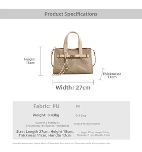 Detailed size chart for the PU tote bag showing dimensions 27x18x11cm and specifications