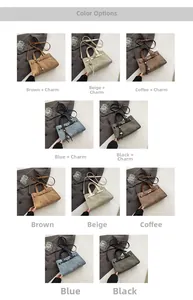 Detail view of colorful faux leather tote bags with tassel charms for office commute