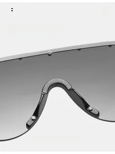 Détail du pont de nez intégré large et des verres gris translucides des lunettes de soleil