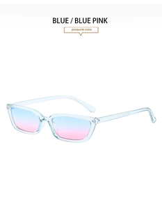 Détail de lunettes de soleil rectangulaires bleues avec verres dégradés rose