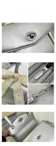Dettaglio borsa argento metallizzato con pizzo e chiusura a girello in metallo lucido
