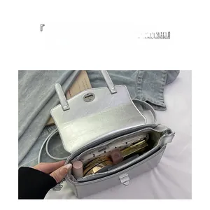 Vista macro della grande capacità interna e della tasca con zip della borsa tote argento