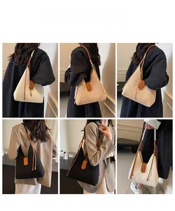 Collage of knit triangle tote bags in cream, khaki, and black showing various carrying styles