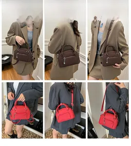 Model showing red and brown crossbody pillow bags with heart charms in multiple view