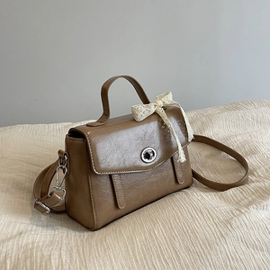 Grand sac cabas marron rétro en cuir PU texturé avec nœud en dentelle et bandoulière