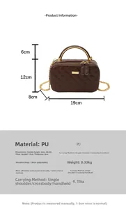 Detail view of brown quilted PU leather bag showing double zippers and 19x12x8cm dimensions