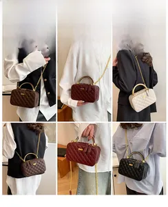 Quilted crossbody bag shown in brown, wine red, beige, and black colors on models