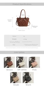 Detailed size chart and multi-color view of quilted PU leather tote bag with dimensions