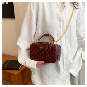 Close-up of wine red quilted mini bag with golden metal handle and dual zippers
