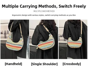 Detailed view of rainbow striped woven bag shown in handheld, shoulder, and crossbody styles