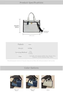 Detailed size chart for denim patchwork tote bag with strap dimensions and color options