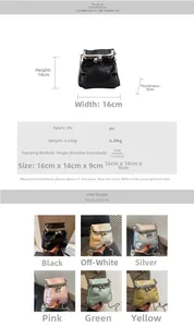 Detailed size chart and multi-color options for the mini chain crossbody bucket bag