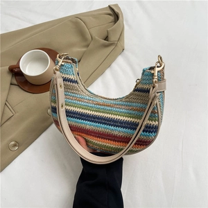 Crescent multi-color striped woven shoulder bag with golden hardware for summer fashion