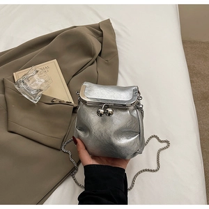 Macro detail of silver bucket bag with pleated metallic texture and kiss-lock closure