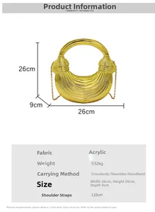 Detailed view of gold acrylic shell bag with dimensions 26x26x9cm and chain strap