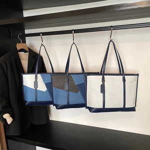 Sac Cabas En Denim Patchwork Grande Capacité Garniture En Cuir PU Sac À Épaule Retro Streetwear Pour Femmes Quotidien