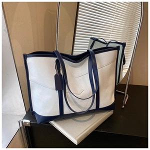 Sac fourre-tout rétro en toile avec bordure en cuir et poignées pour femmes