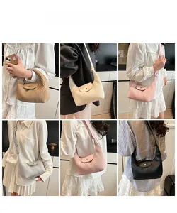 Multiple colors of pleated hobo shoulder bags shown in a collage layout