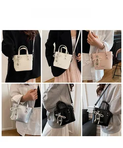 Détails de sacs seaux de couleur unie avec nœuds en perles en quatre couleurs douces