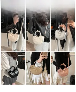 Collage of chic crescent saddle bags in five colors with handle and adjustable shoulder strap