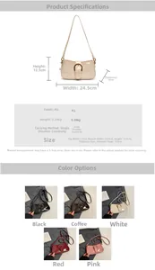 Détails du sac à main compact en simili cuir avec dimensions et boucle en métal