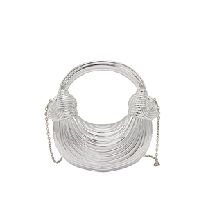 Silver striped acrylic shell bag with rigid ring handle and metal chain strap for women