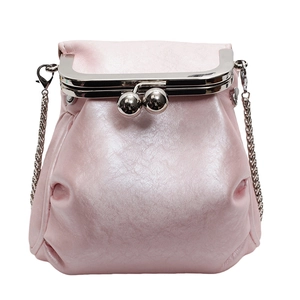 Pink pearlescent pleated crossbody bag with silver kiss-lock and elegant chain strap