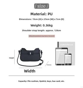 Size comparison and specifications of black PU shoulder bag with bow detail and strap