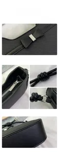 Detail of tweed texture and lychee leather拼接 on black shoulder bag with bow and zip