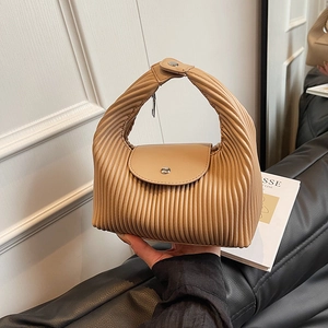 Chic beige pleated handbag with elegant vertical stripes and top handle for women