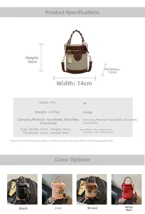 Detailed size chart and multi-color options for woven texture bucket bag with silk scarf