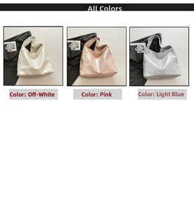 Detailed comparison of off-white, pink, and light blue glossy PU leather tote bags