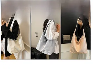 Three models showcase large capacity bucket bags in white, light blue, and beige colors
