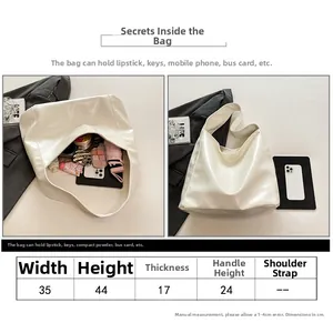 Detailed size chart for the large white PU bucket bag showing dimensions and capacity