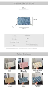 Detailed size chart and multi-color display of quilted denim shoulder bag with fringe