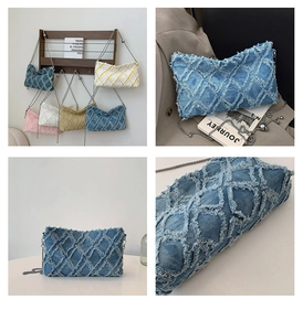 Detailed macro view of distressed denim fabric with quilted rhombus stitching and raw edges